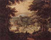 unknow artist a wooded landscape with a hunting party at the edge of a lake,a castle beyond Norge oil painting art